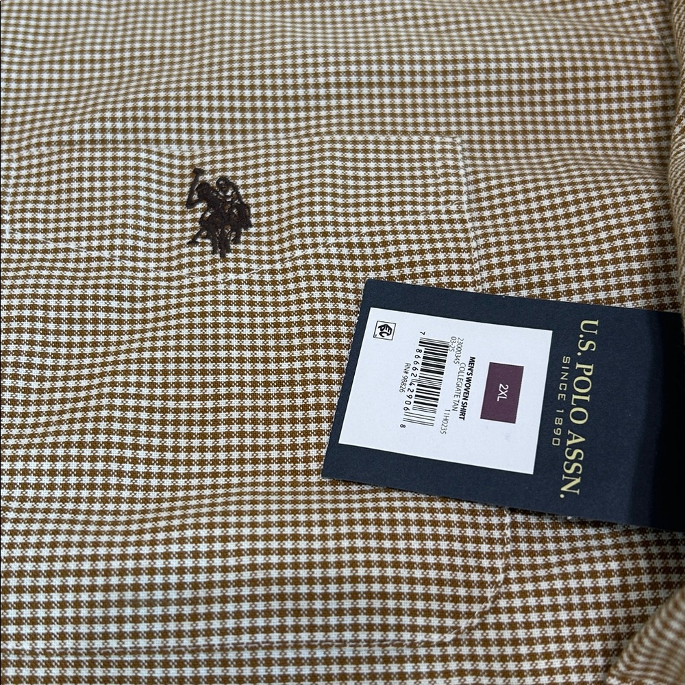 NWT U.S. Polo Assn. Men's Tan and Brown Micro-Check Button-Down Shirt - Picture 2 of 7